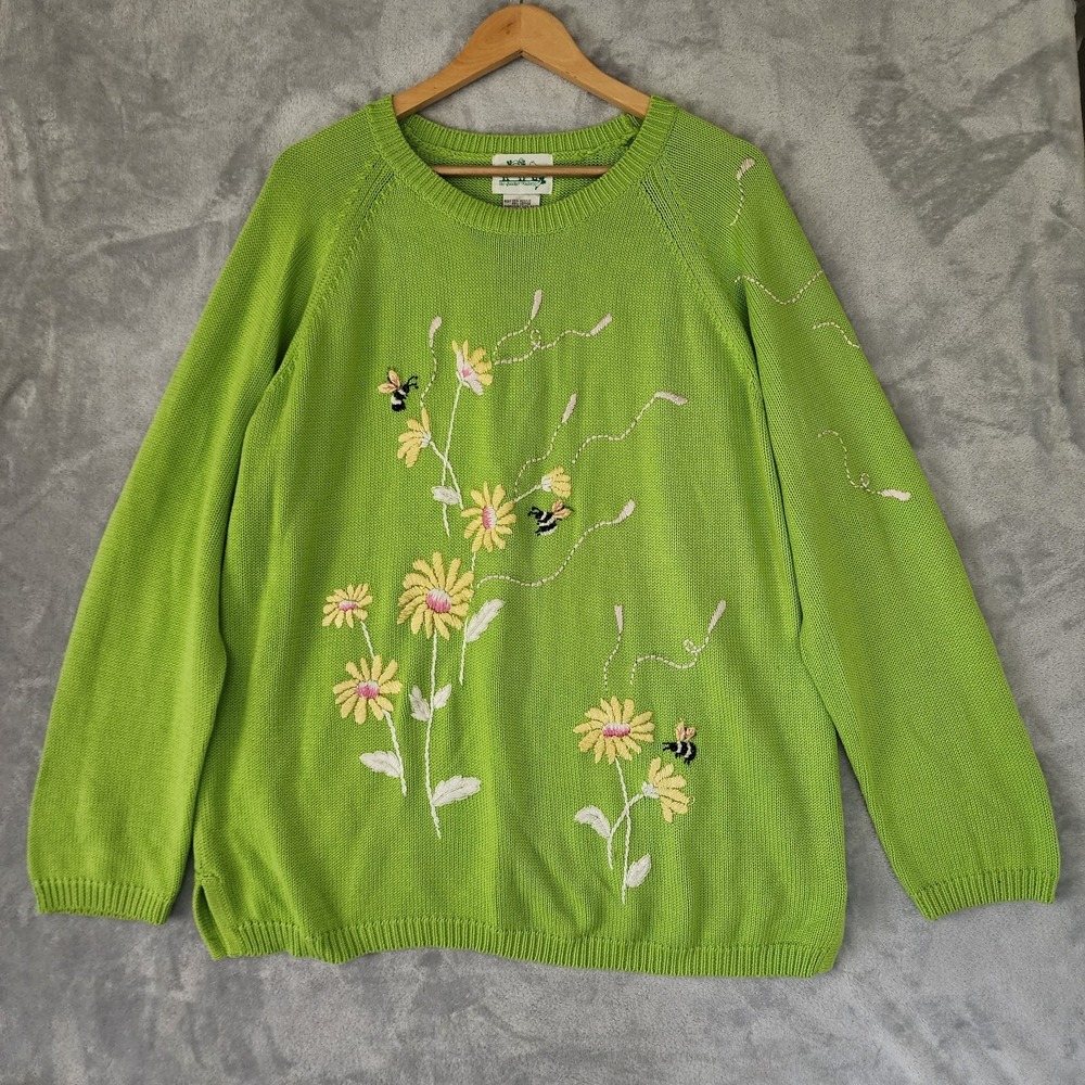 Quacker Factory Sweater Womens Size Large Embroidered Honey Bees Wild Flowers